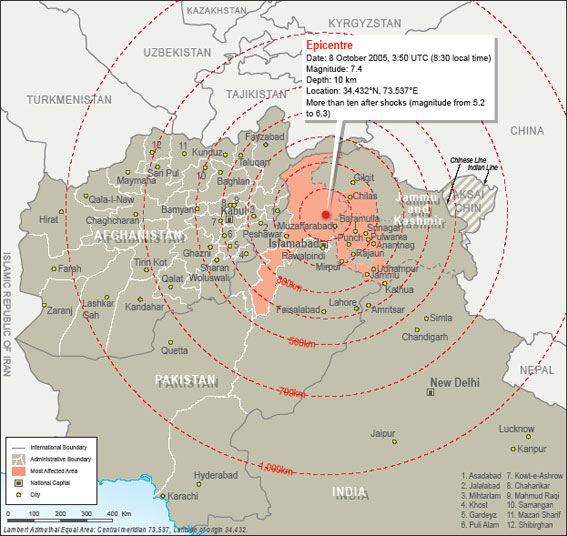 Relief map/diagram of earthquake-affected regions in Pakistan, India, 