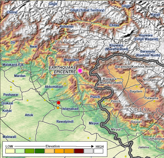 Relief map of earthquake-affected regions in Pakistan, India, 