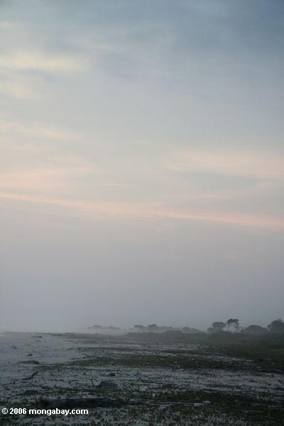 Dunstiger Strand am Sonnenuntergang in Gabun