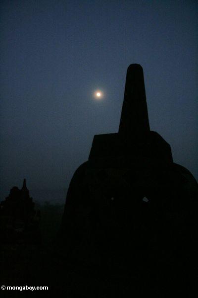Schattenbild eines stupa bei Boboudur am frühen Morgen