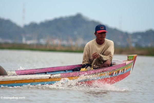 湖で伝統的なブギ語電動ボートの男テン