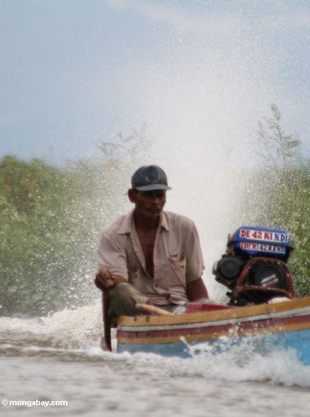 Das Fahren des traditionellen Buginese motorisierten Kanus Sulawesi