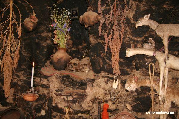 Opfer einschließlich menschliche Schädel, tote Tiere und Blumen