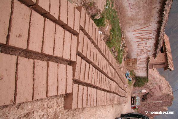 Ziegelsteinziegelstein, der in Urubamba River Valley Peru