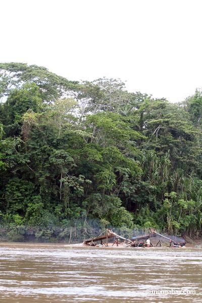 Den Kasten wässern, der von den Goldbergmännern entlang dem Rio Tambopata benutzt wird