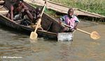 Kids paddling a fishing canoe
