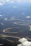 Meandering rainforest river with two oxbow lakes