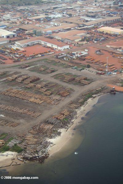 Raw timber lines a port in Gabon. Photo by: Rhett A. Butler.