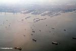 Aerial view of ships lining up at the port of Jakarta (Java) 