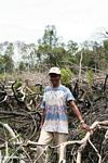 Nature guide Thomas standing among charred remnants of tropical forest in Borneo (Kalimantan, Borneo (Indonesian Borneo)) 